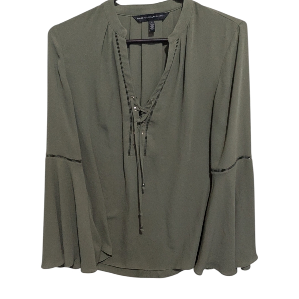 White House Black Market Olive Green Lace-Up Henley Blouse Size 2 Flowy Long Sle